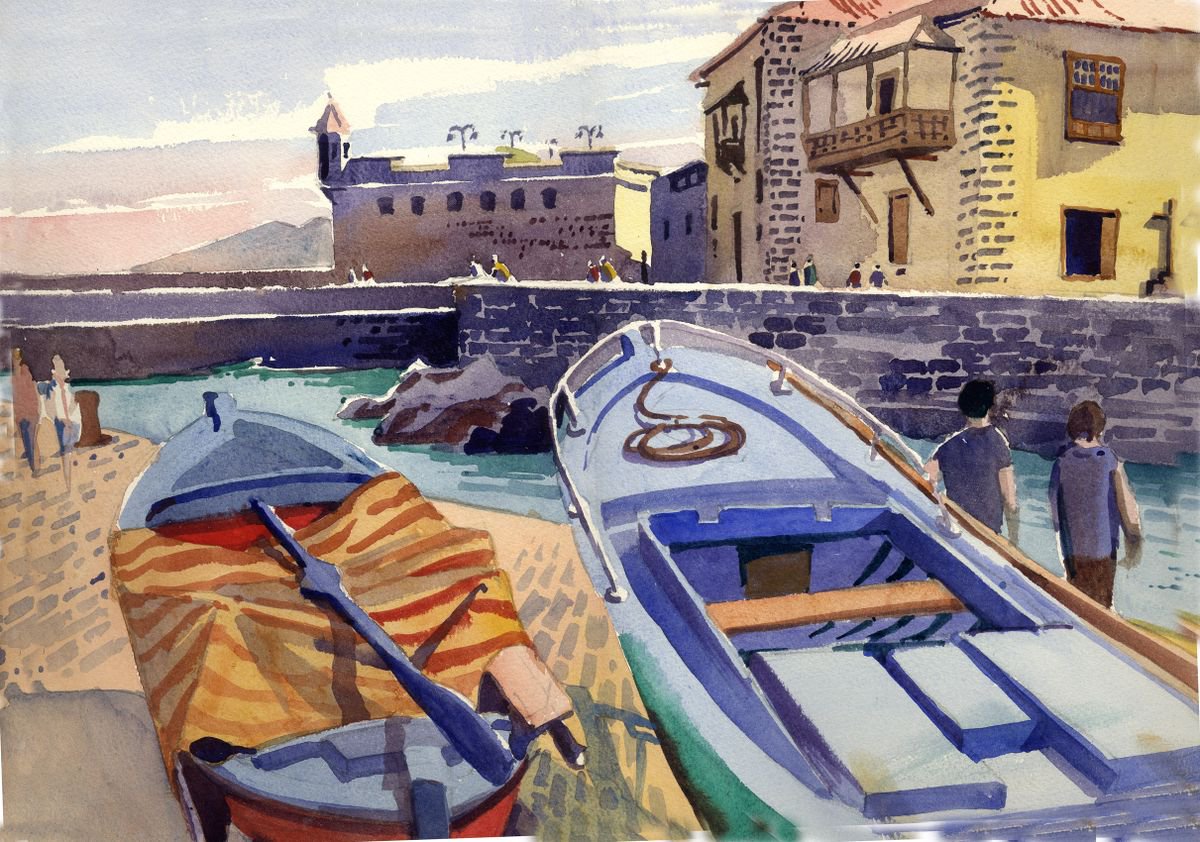 Impressionistic Landscape Watercolour By Peter Day, 17 X 13", Harbour, Tenerife, Original Artwork