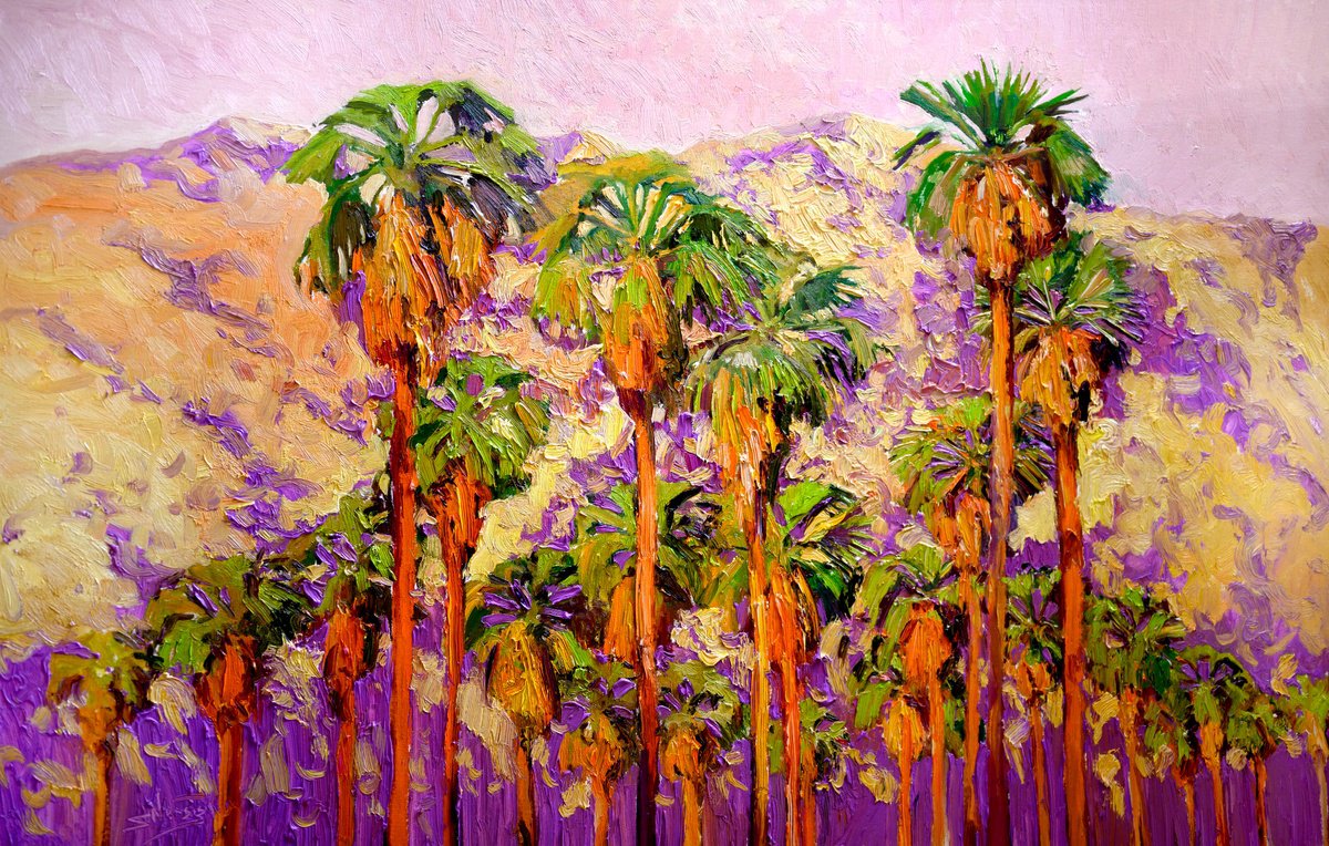 Expressive Landscape Oil Painting By Suren Nersisyan, 48 X 30", Palm Trees From Desert, Original Artwork