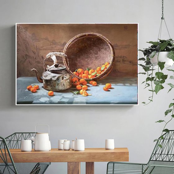 Still life painting:oranges in the bamboo basket t215