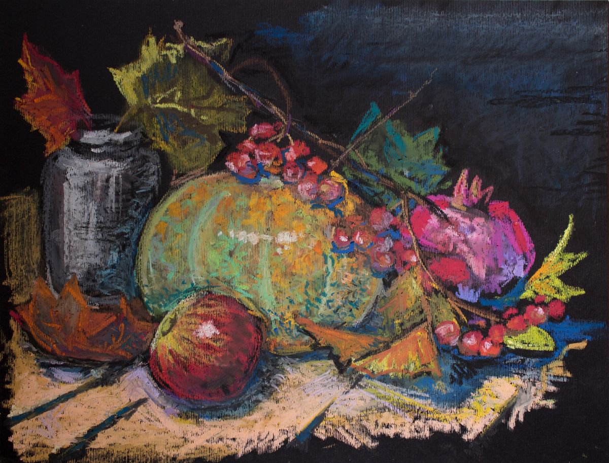 Autumn leaves, hawthorn branches and pumpkin by Vlada Lisowska