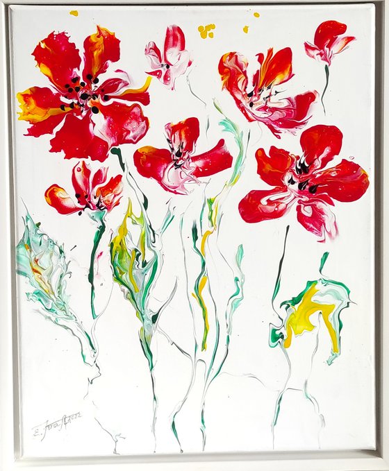 "Spring fantasy .Poppies" Contemporary acrylic pouring  painting on canvas, ready to hang