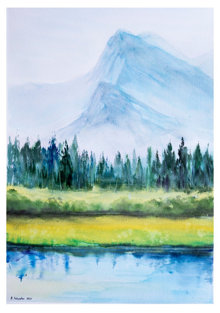 Impressionistic Landscape Watercolour By Yulia Schuster, 12 X 17", Riverside Serenade, Original Artwork