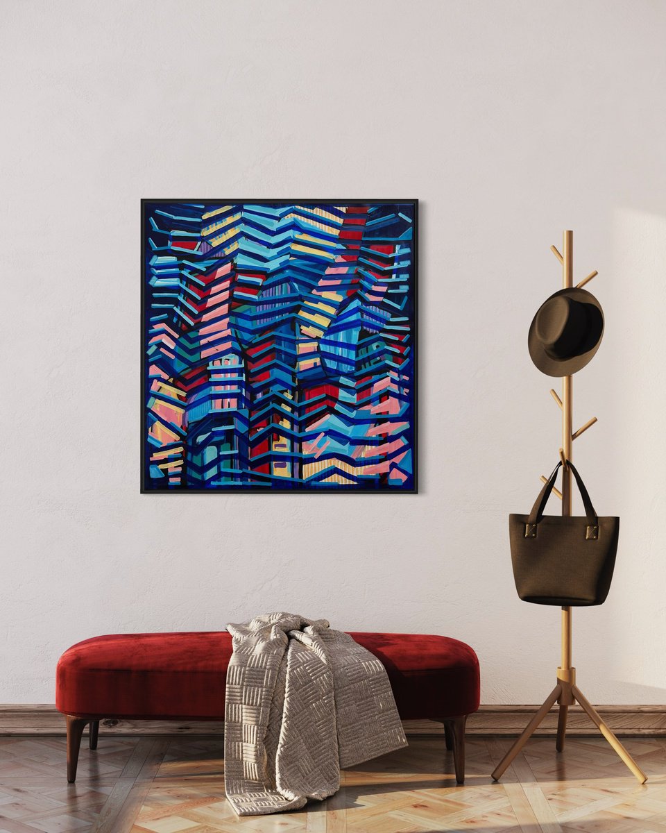 Geometric Abstract Acrylic Painting By Samantha Malone, 37 X 39", Waiting To Wake Up, Original Artwork