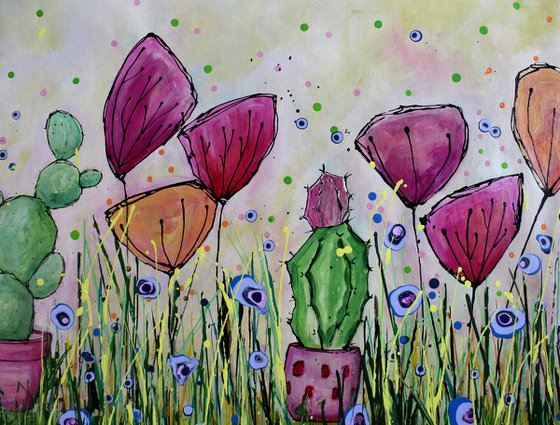 Young Folks- Prickly Friends - Large original abstract floral painting