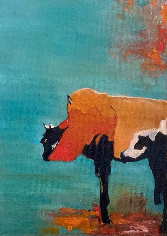Orange bull 28X23 cm in gypsum black mat frame oil painting by Elena Troyanskaya