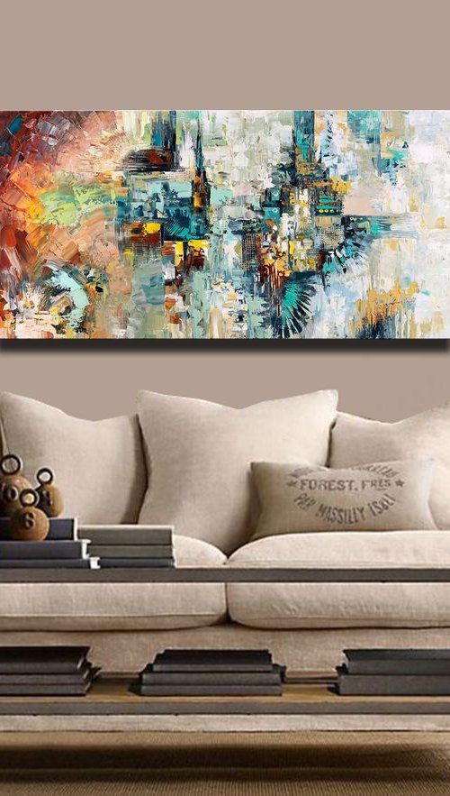 Abstract Painting - Being In The Flow Original Cityscape White Grey Aqua Blue Painting by Lana Guise