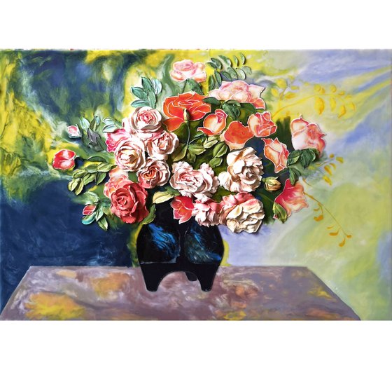 Renoir roses - are beautiful flowers that have turned from a painting into a bas-relief, 100x70x6 cm deep.