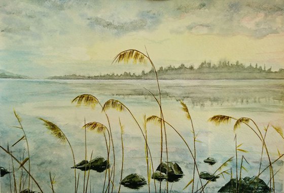 Lake Saimaa. Watercolor painting.