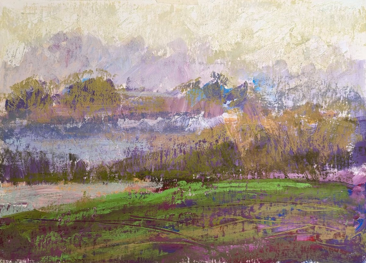 Impressionistic Landscape Pastel Drawing By Elena Genkin, 13 X 9, Minimalist Fieldscape #2, Original Artwork
