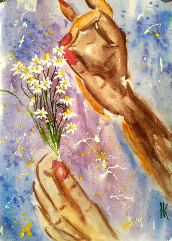 Daisy Painting Floral Original Art Hands Small Watercolor Camomile Artwork Flowers Home Wall Art 8 by 12" by Halyna Kirichenko