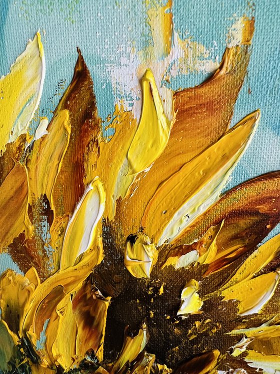 SUNFLOWER FLOWER 3 - yellow flowers art,   3d mini painting