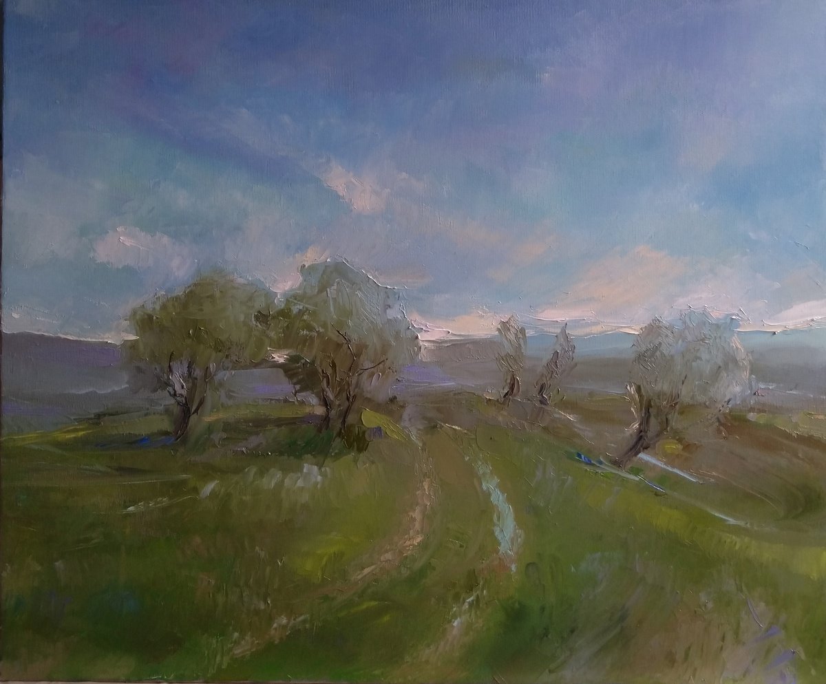 Impressionistic Landscape Oil Painting By Kamsar Ohanyan, 24 X 20", Spring In The Village, Original Artwork