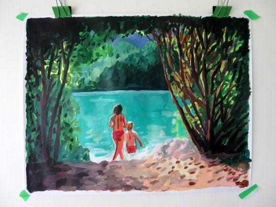 lake scene with bathers