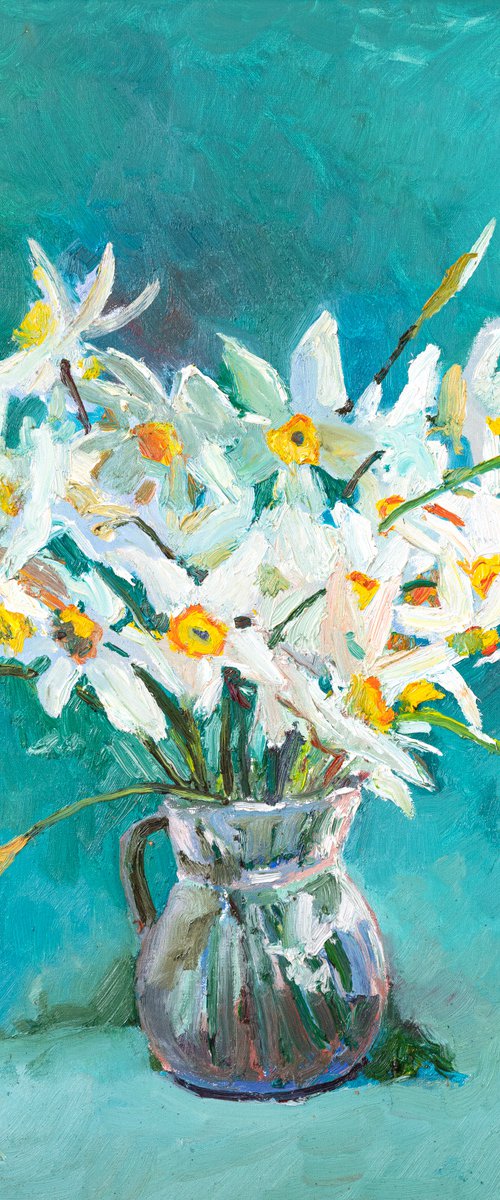 White Daffodil Flowers withTurquoise Background by Suren Nersisyan