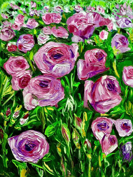 PINK PURPLE ROSES  palette knife modern still life  flowers office home decor gift