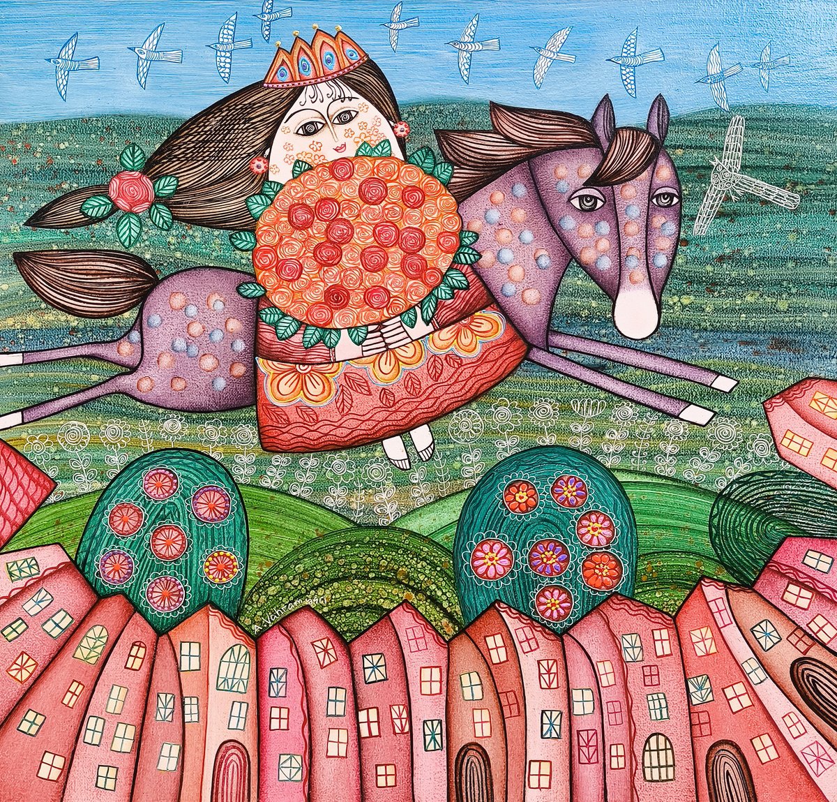 Naive Portrait Oil Painting By Armen Vahramyan, 24 X 24, The Dream Flight, Original Artwork