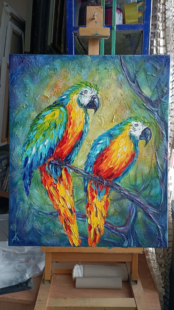 Love in the dark -  parrots oil painting, bird, parrots, love, painting on canvas, gift, parrots art, art bird, animals oil painting, for lovers