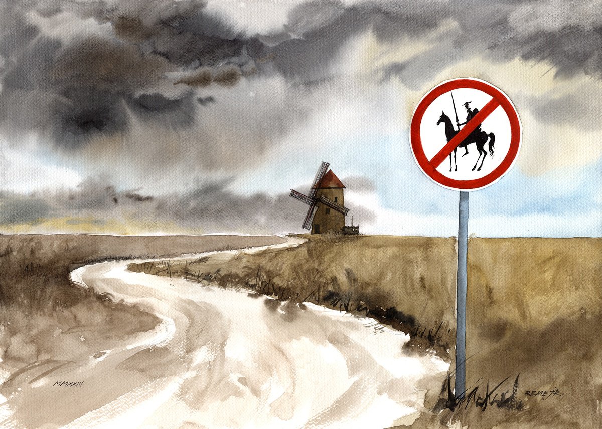 Impressionistic Landscape Watercolour By Reme Jr., 20 X 15", Not Allowed For Don Quixote, Original Artwork