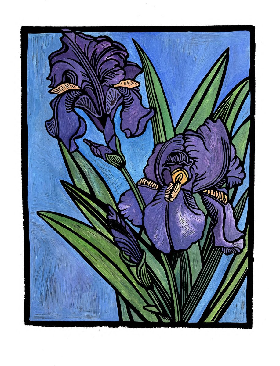 Illustrative Linocut , Purple Iris By Laurel Macdonald, 20 X 26, Artwork For Sale On Artfinder