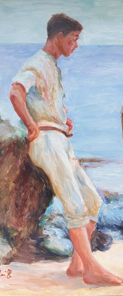 Impressionist style Male figure oil painting, with wooden frame. by Jackie Smith