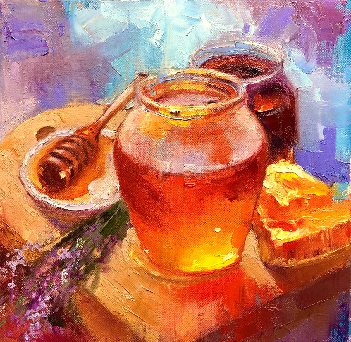 Honey Jar Painting Cherry Jam Still Life Honey Original Art Oil On Canvas Impressionist Ar... by Emiliya Lane