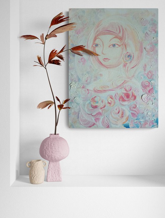 Lady in Roses, female portrait in soft colors, gift for woman