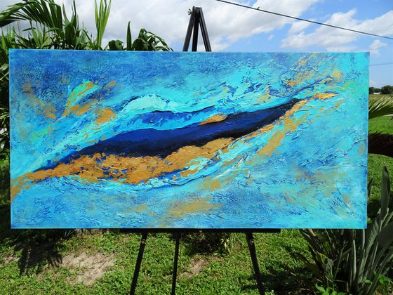 GOLDEN ORCA. Large Abstract Blue and Gold Contemporary Seascape, Ocean Waves Painting (61 x 122 cm). Modern Textured Art