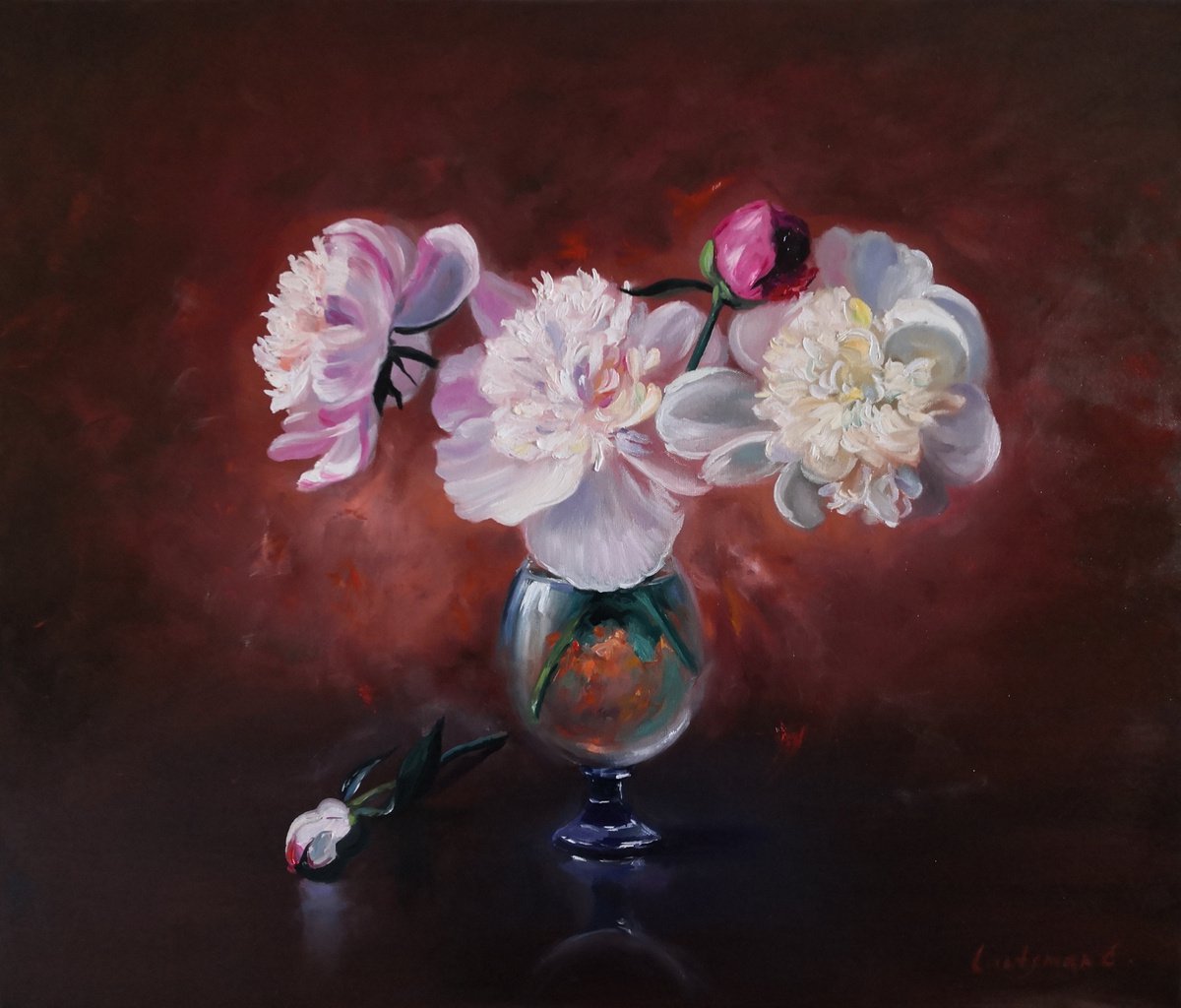 Peonies bouquet in a glass vase by Jane Lantsman