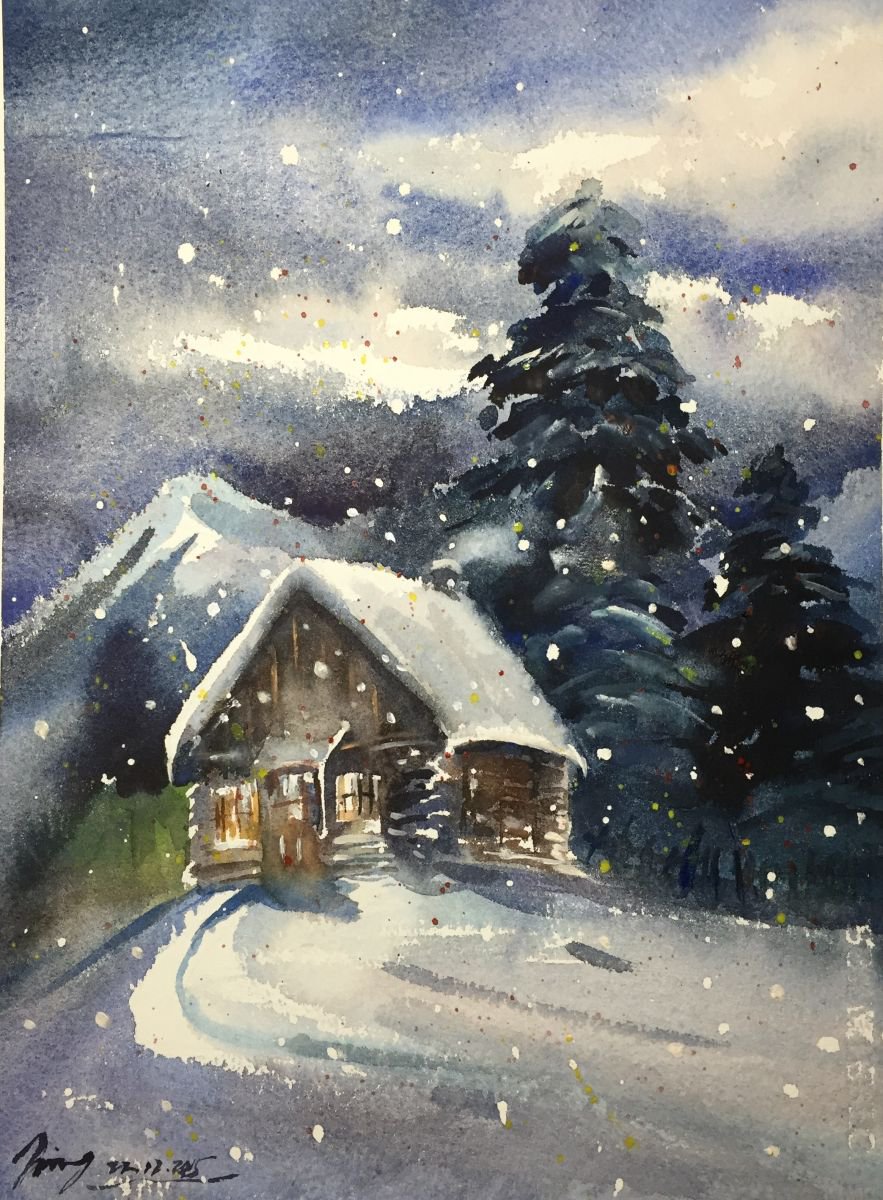 Impressionistic Landscape Watercolour By Jing Chen, 11 X 15, Snowy Cabin 2, Original Artwork