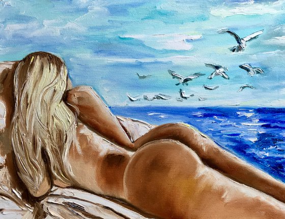 The Hottest Day in Summer. Nude at the seaside. Erotic painting.