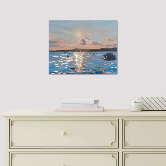 "Golden light over the ocean bay", original, acrylic and golden leaf on canvas impressionistic seascape