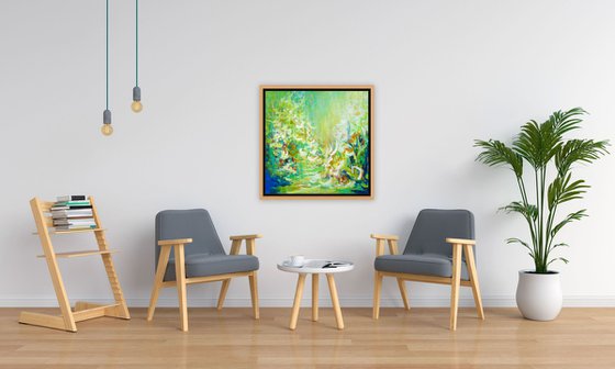 Abstract Forest Pond Painting. Floral Garden. Abstract Tropical Flowers and Birds. Original Blue Green Teal Painting on Canvas Modern Art (2021)