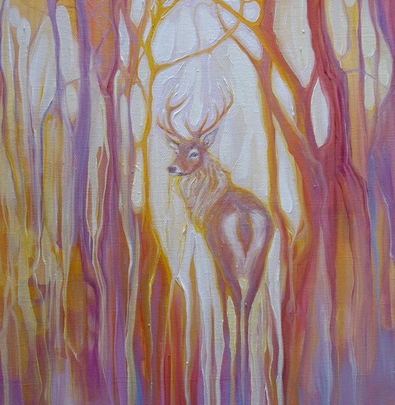 The Guide - a Celtic style painting of a stag in an abstract forest