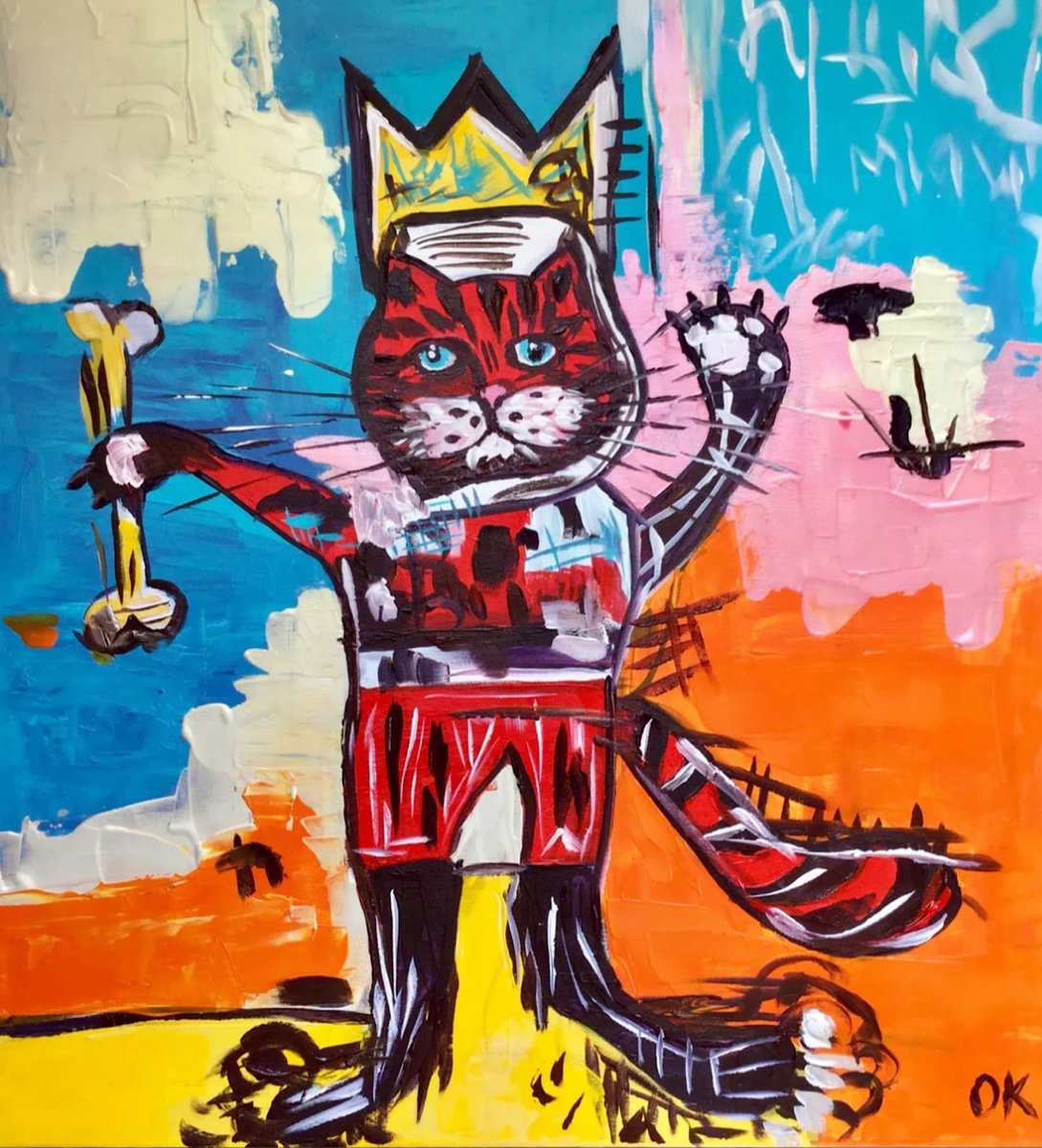 Expressive Animal Acrylic Painting By Olga Koval, 22 X 24", Red Cat In A Crown, Original Artwork
