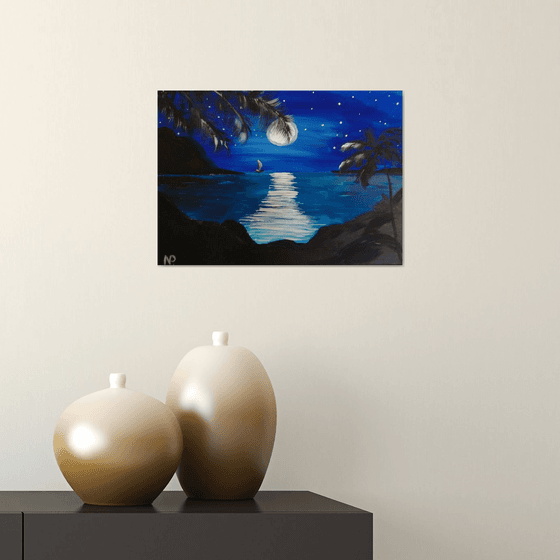 Dreams come true, sea, night, moon, seascape, original acrylic painting