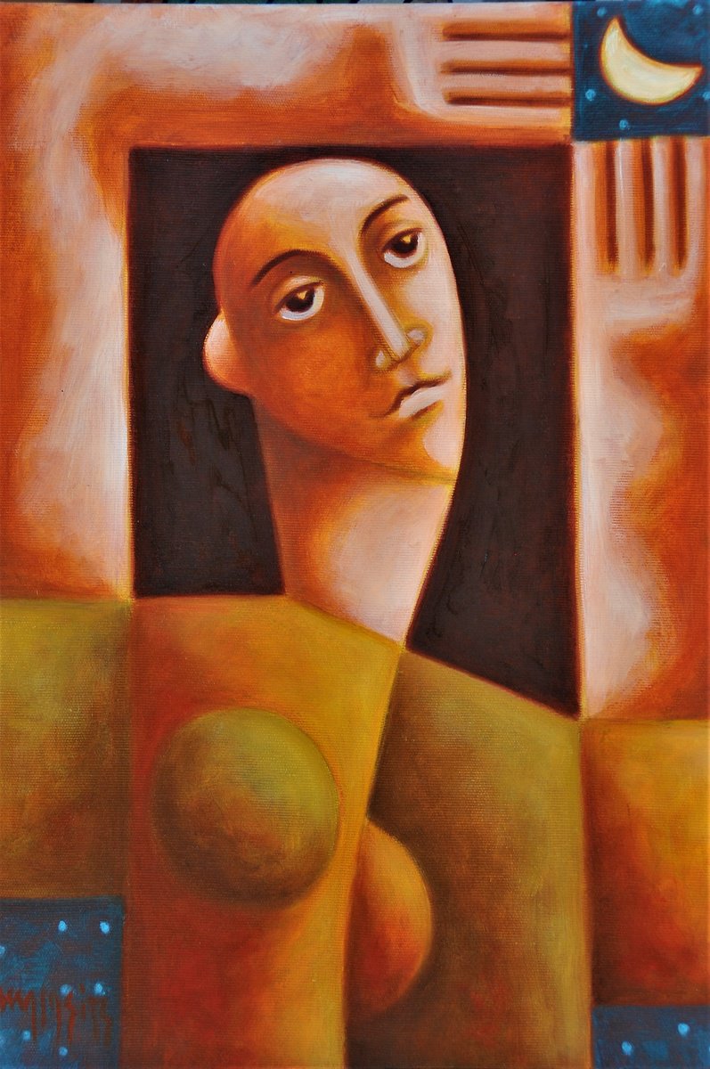 Surrealistic Portrait Oil Painting By Malasits Zsolt, 14 X 20", Life In Harmony, Original Artwork