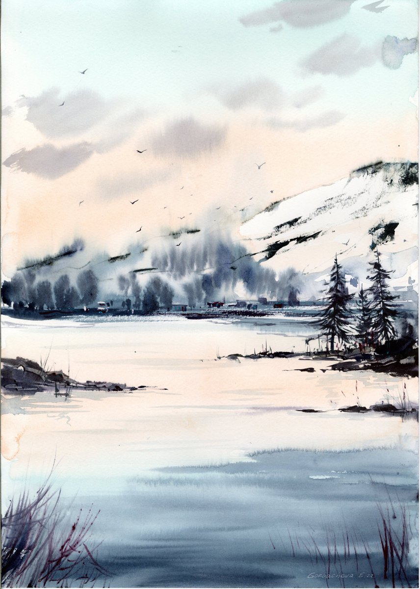 Impressionistic Landscape Watercolour By Eugenia Gorbacheva, 12 X 17, Vanilla Mountains, Original Artwork