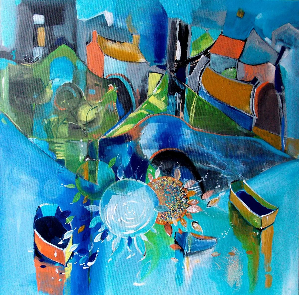 Abstract Landscape Acrylic Painting By Maria Paunova, 24 X 24", One Moment Of Happiness, Original Artwork