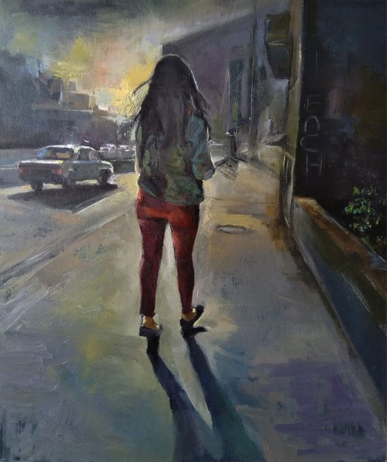 Stranger (60x50cm, oil painting, ready to hang, impressionistic oil painting, cityscape painting)