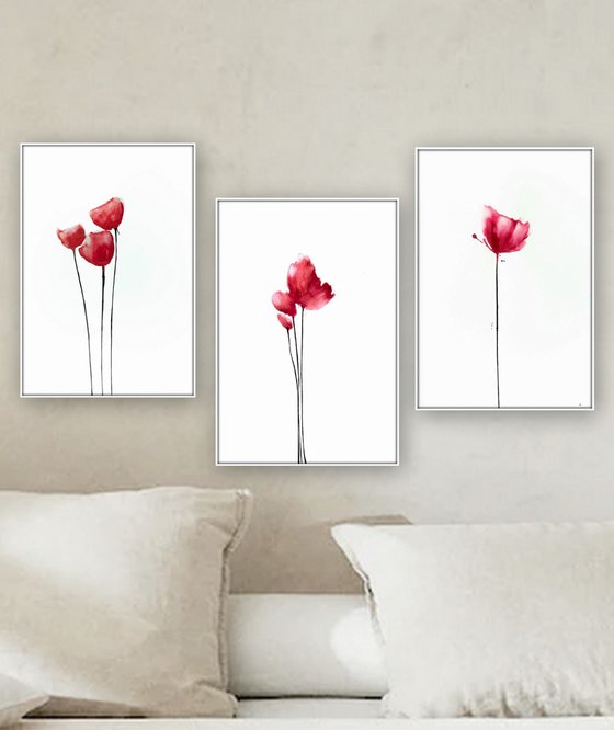 Poppies. Set of 3 Floral Artworks.