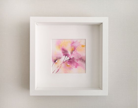 Small floral card, watercolor loose flowers, pink floral miniature painting