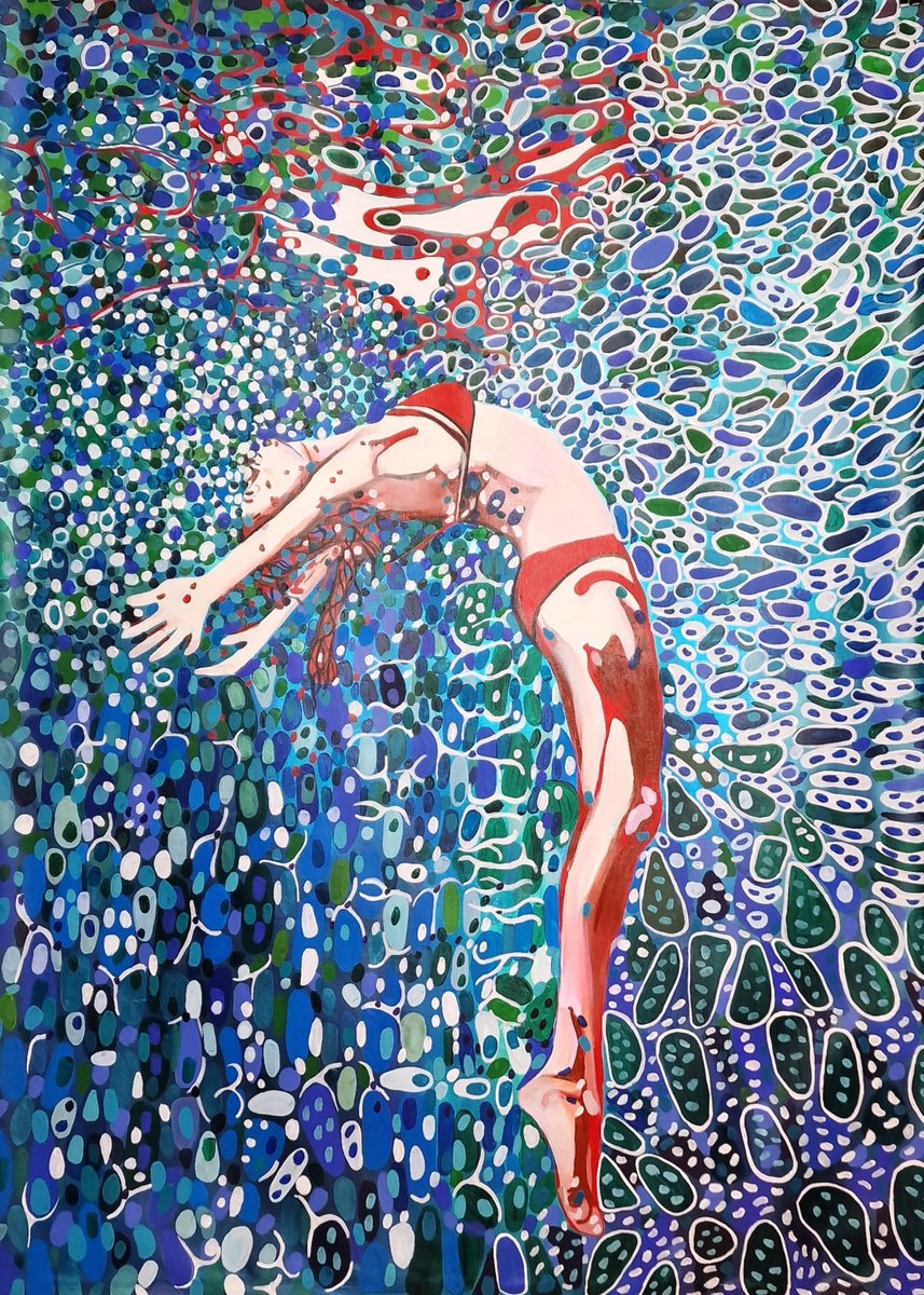 Impressionistic Portrait Acrylic Painting By Alexandra Djokic, 48 X 66, Underwater Xxl, Original Artwork