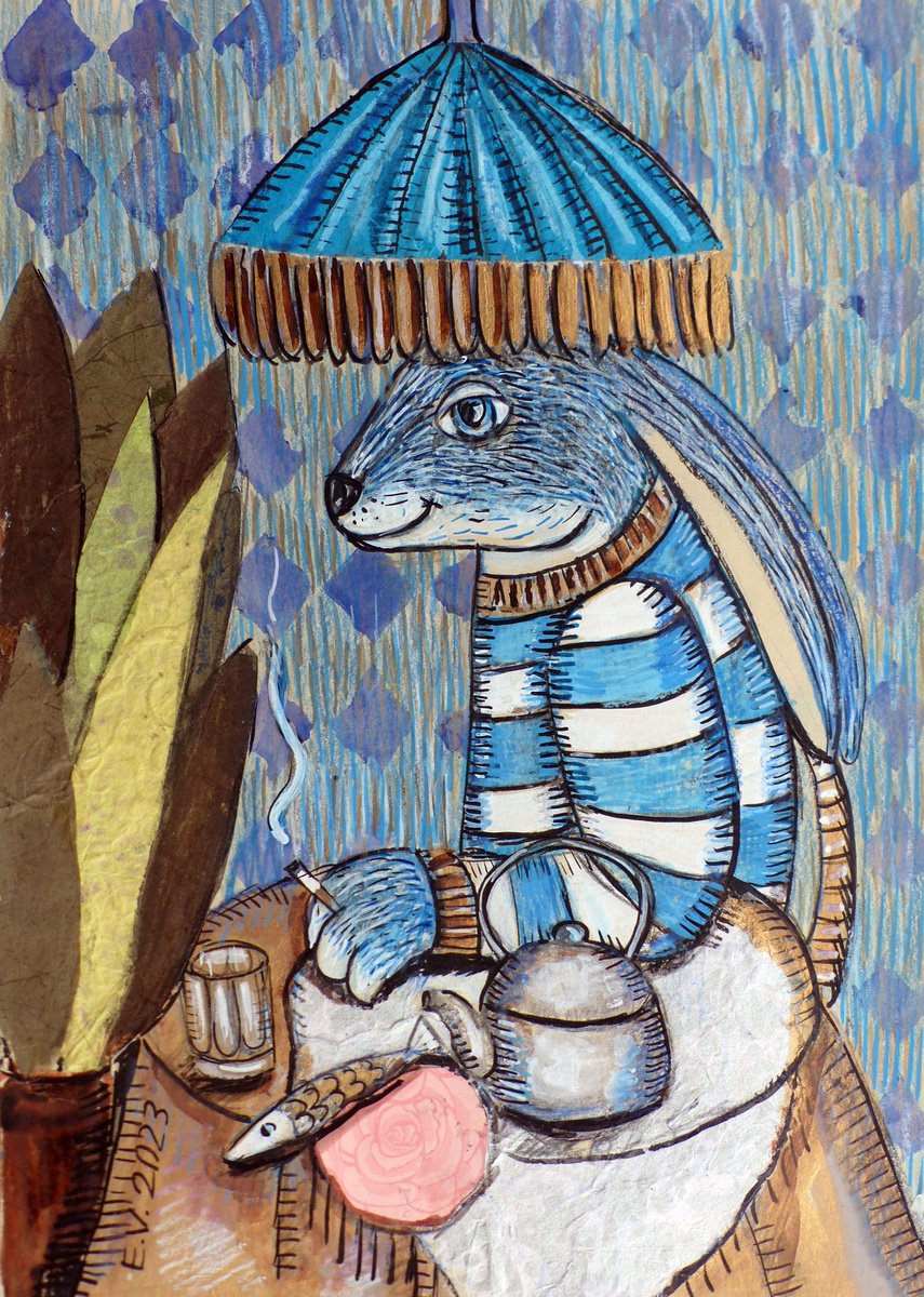 Naive Animal Painting By Elizabeth Vlasova, 8 X 12, Bunny On The Break, Original Artwork