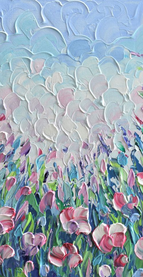 Pink flower field 16"x20" - Impasto acrylic painting by Olga Tkachyk