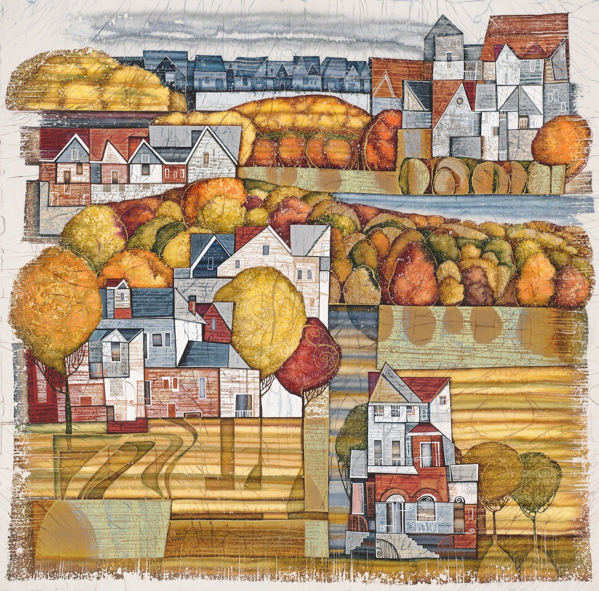 Organic Cityscapes Acrylic Painting By Julia Ismambetova, 38 X 38", Mellow Time, Original Artwork