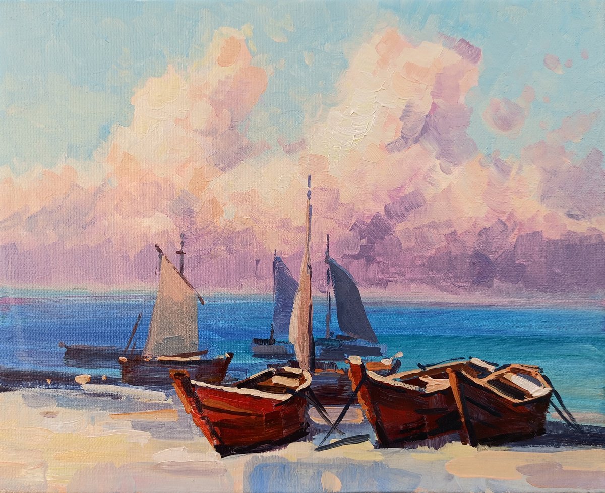 Boats (24X30cm, oil painting, ready to hang) by Narek Qochunc