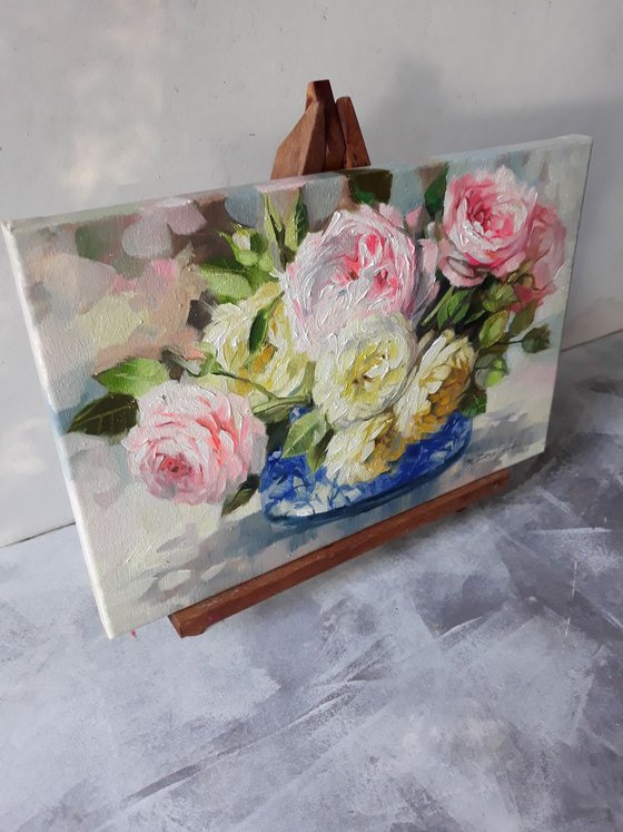 Roses love, floral oil painting on canvas, yellow pink roses in a blue vase