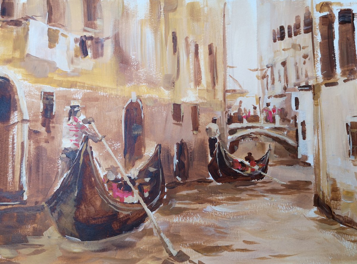 Gondoliers (acrylic on paper painting) (11x150.1