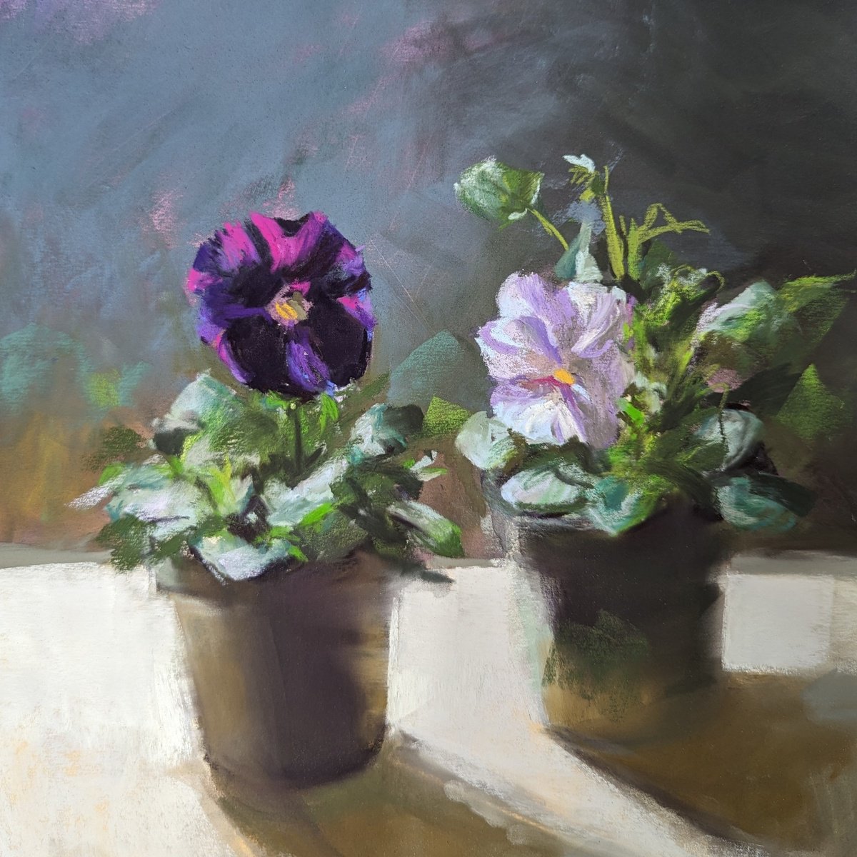 Impressionistic Botanical Pastel Drawing By Silja Salmistu, 12 X 12", Pansies, Original Artwork