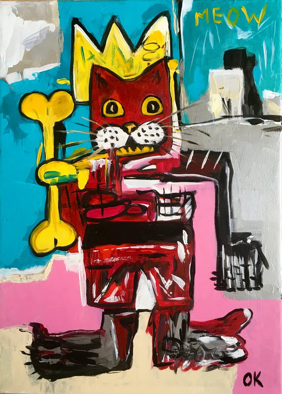 King Cat Troy  in a CROWN ( 71x 51cm, 28 x 20 inches,) version of famous painting by Jean-Michel Basquiat